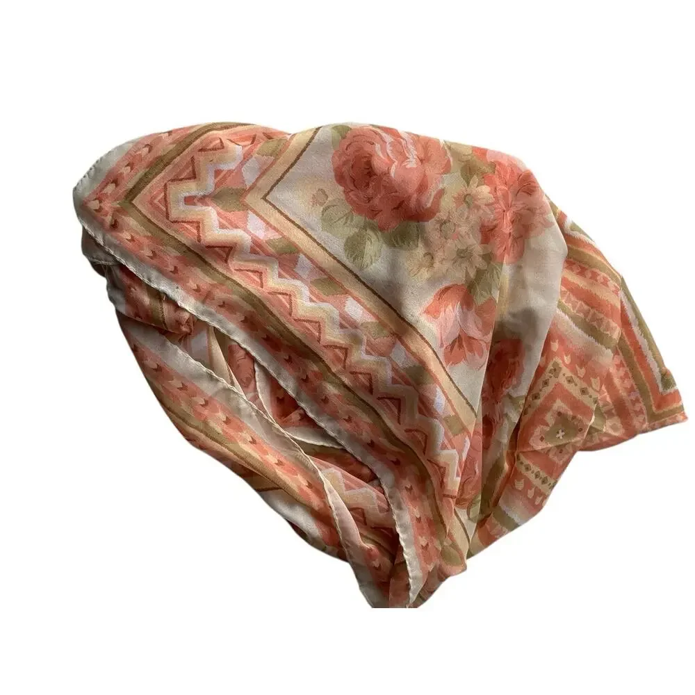 Vintage 70s Pure Silk Chiffon Scarf 35” Pink Rose Floral Cottagecore Fairy